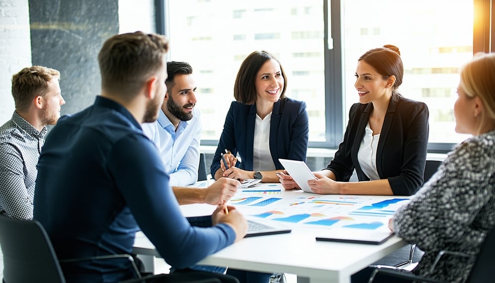 Business professionals collaborating on CRM and process optimization